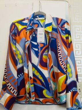 NEW Zara Blue Orange Purple Abstract Button-Up Blouse